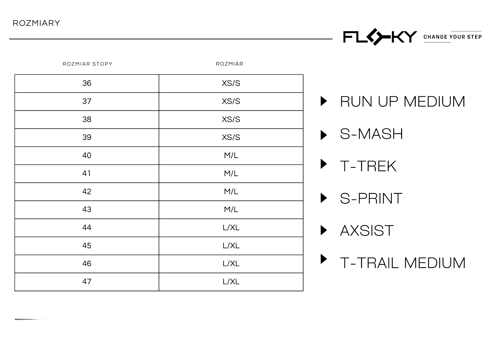Tabela rozmiarów — Floky S-MASH 3D – skarpety biomechaniczne